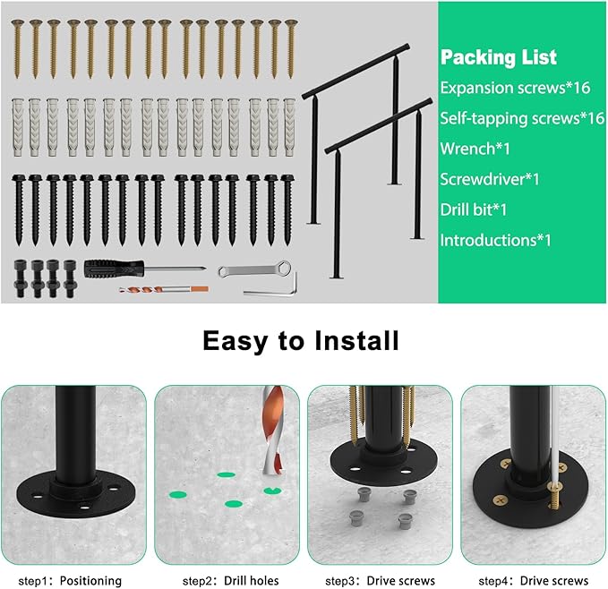 2 Pack Handrails for Outdoor Steps,2 to 3 Steps HandRail Outdoor Stair Railing, Metal Porch Railing, Deck Hand Rail, Black Wrought Iron Railing with Installation Kit for Concrete Steps
