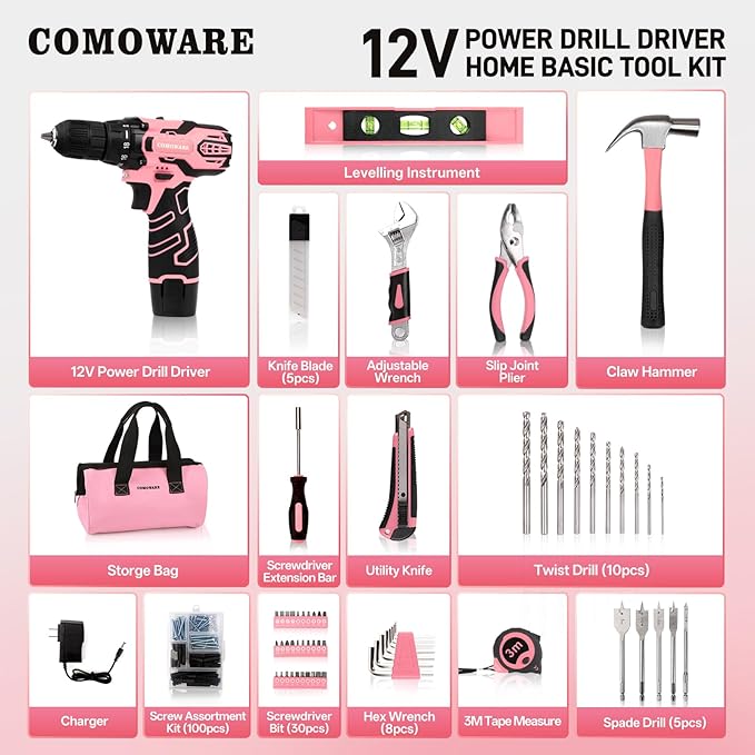 COMOWARE 12V Pink Cordless Drill Home Tool Kit, Pink Drill Set for Women, Lady's Home Repairing Tool Kit Hand Tool Set for DIY Large-Capacity Tool Storage Bag Included