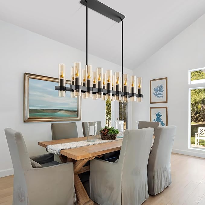 Modern Black Island Rectangle Chandelier with Amber Glass,63" Adjustable Height Modern Linear Light Fixture 16 Light Dining Room Chandelier Over Table for Dining Room Kithen Island
