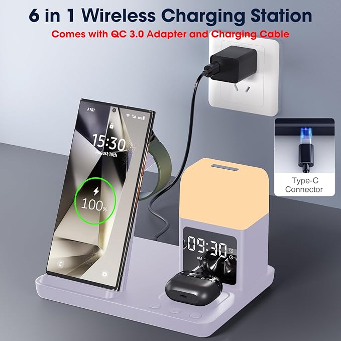 Wireless Charger for Samsung/Android, 6 in 1 Phone Nightstand Charging Station Charger with Alarm Clock/Night Light for Samsung S25/S24/S23 Ultra/Buds3 Pro,Watch Charger for Galaxy Watch 8/7/6-Purple