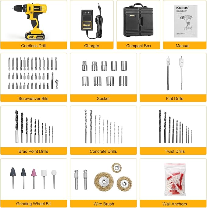 KREBS 20V Cordless Drill Electric Power Drill Set 3/8” Keyless Chuck 265 in-lbs Torque 18+1 Position Drill Driver Kit LED Light 88pcs Accessories for Furniture Assembly, DIY Project, Home Improvement.