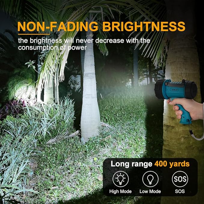 YIERBLUE Rechargeable Spotlight Flashlight IP67 Waterproof with 90,000 Lumen LED, 12 Hours Long Running Spot Light, Impact Resistant Handheld Spotlight with Foldable Stand Red Lens