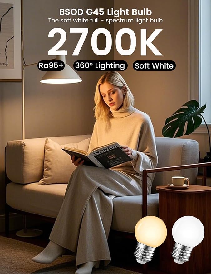 G45 LED Light Bulbs with E26 Base | 2700K Warm Soft White, Full Spectrum | 5W Eq 40W Appliance Bulbs for Refrigerator, Table Lamps, Home, Plants, Freezers & Chandelier (2 Warm White Bulbs)