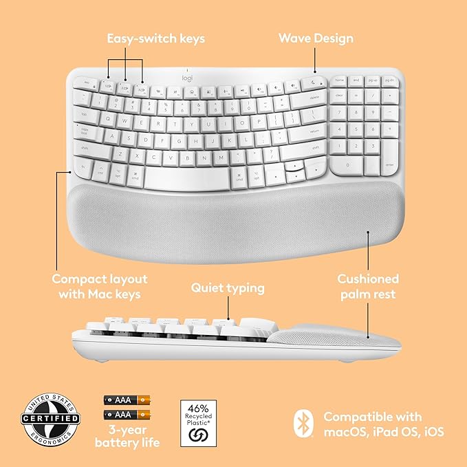 Logitech Wave Keys for Mac, Wireless Ergonomic Keyboard with Cushioned Palm Rest, Comfortable Natural Typing, Bluetooth Keyboard, Easy-Switch, Optimized for Mac, Apple, iPad - Off White