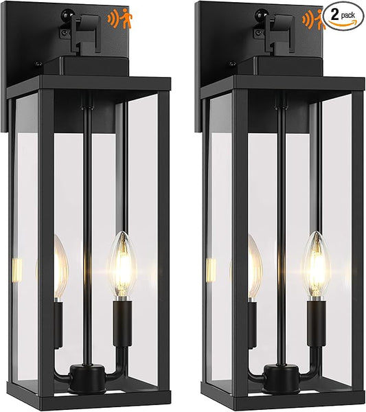 BesLowe 18” Upgraded Motion Sensor Outdoor Wall Lights, Dusk to Dawn Porch Lights Outdoor Wall Sconces, 3 Lighting Modes Exterior Lighting Fixtures with Hooks, Black Outside Lights for House, 2-Pack