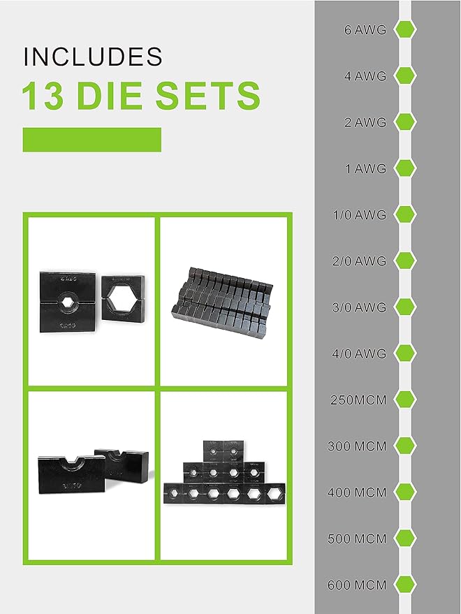 AMZCNC 16 Ton Hydraulic Wire Crimper Battery Cable Lug Terminal Crimping Tool WIth Standard US cable Dies,Crimps 6 AWG to 600 MCM, Cable Crimping Tool with 13 Pairs of Standard US cable Dies