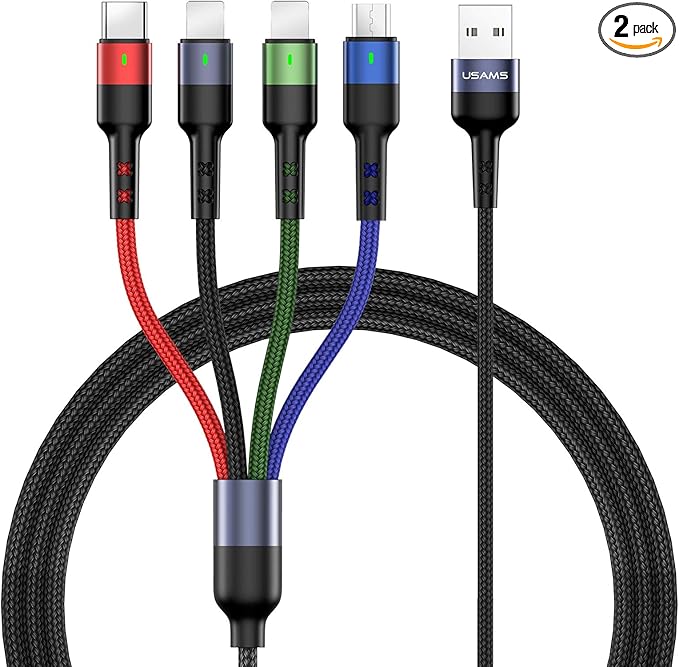 USAMS 2Pack Multi Charging Cable Charger Cord Nylon Braided 10ft/3m 4 in 1 USB Adapter with IP/Type C/Micro Connector for Phone/Galaxy and More