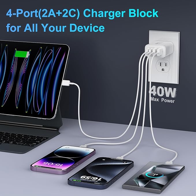 40W USB C Wall Charger Block,4 Port Type C Charger Fast Charging Brick Dual Pd & QC Fast Charger Cube Wall Plug Power Adapter for iPhone 15/14/13/12/11/Pro Max/XS/XR,iPad,Samsung,Pixel,White