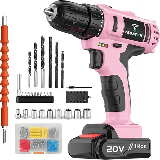 Cordless Pink Drill Set, 3/8 Drill Handheld Screwdriver Kit with 18+1 Torque Setting, 20V Electric Drills Tools Bit, LED Electric Power Drills with Battery and Charger, 1 Battery