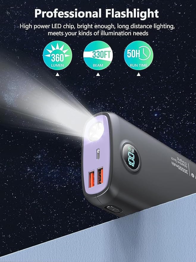 Portable Charger, 30000mAh QC4.0 PD3.0 30W USB C Fast Charging, Power Bank with 3W Flashlight and Led Display, External Battery Pack Travel Essentials for iPhone 17 16, Galaxy, LG, Tablet, and More