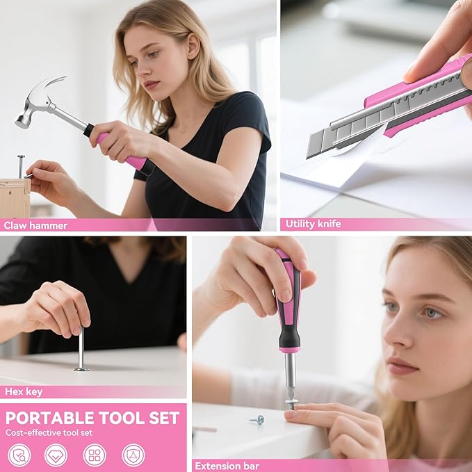 Pink Tool Kit 69 Piece Tool Kit for Women Small Basic Hand Tool Box Home Tool Set Perfect for Ladies and Girls with General Home Repairs, DIY Project,Office and College Dormitory Use
