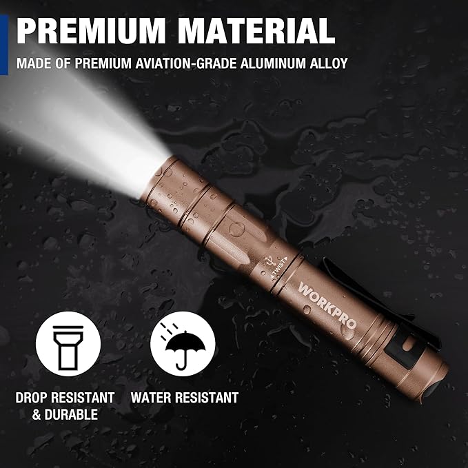 WORKPRO Rechargeable Pen Light, Mini Flashlight, 2 Pack Ultra-Compact EDC Flashlight, Pocket Flashlight with Clip, Memory Function and 2 x USB C Cable Included, Brown
