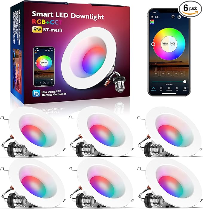 Smart Recessed Light 6 Inch, APP Control, Dimmable, RGBCW, Cool to Warm White, 2700K~6500K, CRI80+, Color Changing Retrofit LED Can Light, Bluetooth Mesh Smart Home Lighting, 6Pack