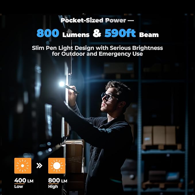 Rechargeable Pen Light Flashlight, 800LM Zoomable Pocket Flashlights with Clip Dual Modes LED Pen Flashlight Battery Powered Waterproof Bright Flashlights for Outdoor Home Emergencies (1, Black)