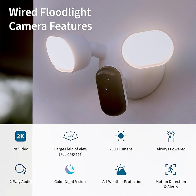 Arlo Wired Floodlight Camera | Home Security Camera with 2K Video and HDR | 2000 Lumens | Integrated Siren, Weather-Resistant, Color Night Vision, 160º Field of View, 2-Way Audio, White (2025)