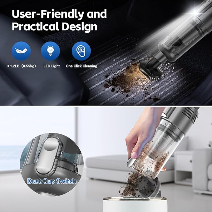 Handheld Car Vacuum Cleaner Cordless: 9500PA Powerful Suction Portable Lightweight Hand Held Vacuum - Large Capacity Battery Last Long Wireless Mini Vacuum with LED Light for Home Office Cleaning