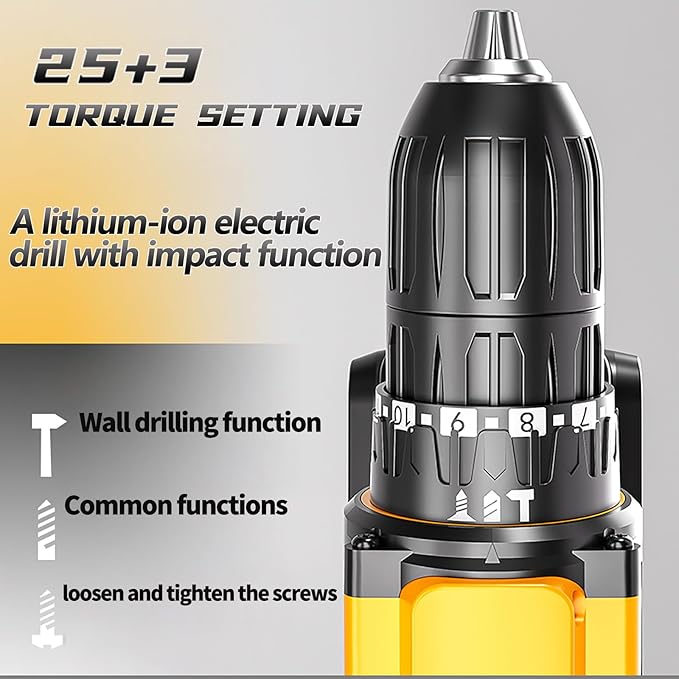 21V Lithium-ion Cordless Drill Set, 3/8-Inch Power Drill with Two Lithium-Ion Batteries, A Charger and A Set of Bits Storage Box Included