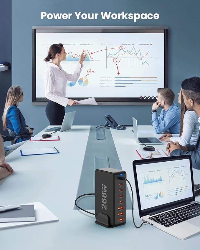 GEEKERA 268W 8-Port Fast Charging Station With 5 USB-C + 3 USB-A Ports, Portable Multiport Charging Block Wall Hub for iPhone 15 14 13 12 iPad Pro MacBook Galaxy Pixel Switch