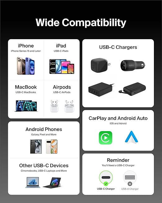 Belkin USB C to USB C Cable, 3.3ft, 60W - Type C Charger, iPhone Charger Cord, Soft, Braided, Flexible for iPhone 16, Galaxy S25, Pixel 9, Airpods, iPad Pro, Tablet & More, Travel Essentials - Black