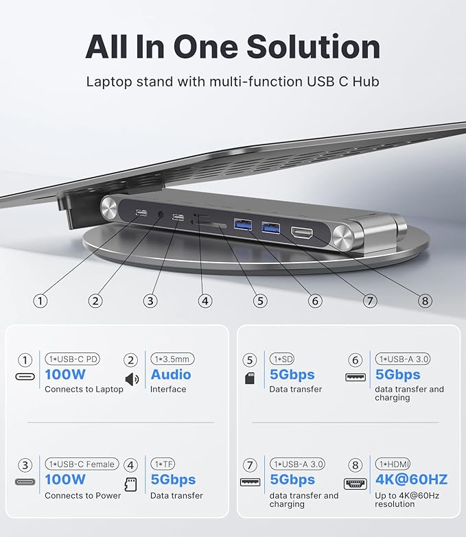 Adjustable Laptop Stand with 8 in 1 USB C Hub, Foldable Portable Computer Notebook Stand with 360° Rotating Base, Riser Holder Mount for All 10-17" Laptops (Gray)