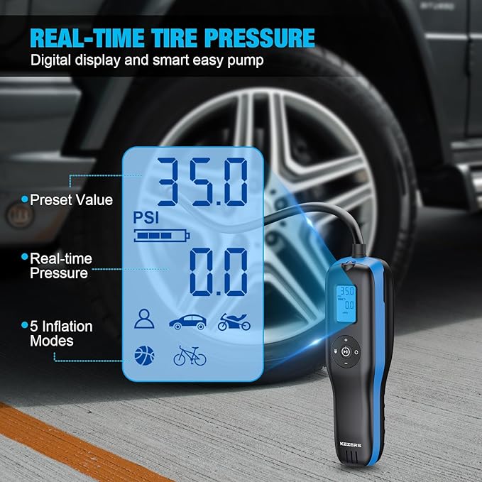 KEZERS Bicycle Tire Inflator, Portable 160PSI Air Pump,Cordless Air Compressor with Digital Pressure Gauge,Rechargeable Battery,Emergency Light,Tire Inflator for Car,Motorcycle,Bike,Ball