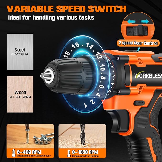 WORKBLESS 21V Power Drill Set, Cordless Drill with Battery and Charger, 3/8'' Keyless Chuck, Variable Speed, 18+1 Torque Setting and 28pcs Drilling/Driver Bits Tool Set(Orange)