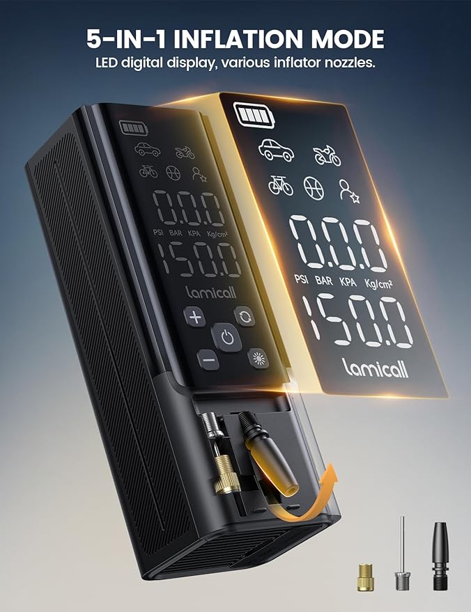 Lamicall Portable Car Tire Inflator - Air Compressor [150 PSI] [4X Faster] Cordless Car Air Pump with Rechargeable Battery, Digital Display Pressure Gauge, LED Light, for Cars, Motorcycles, Bike, Ball