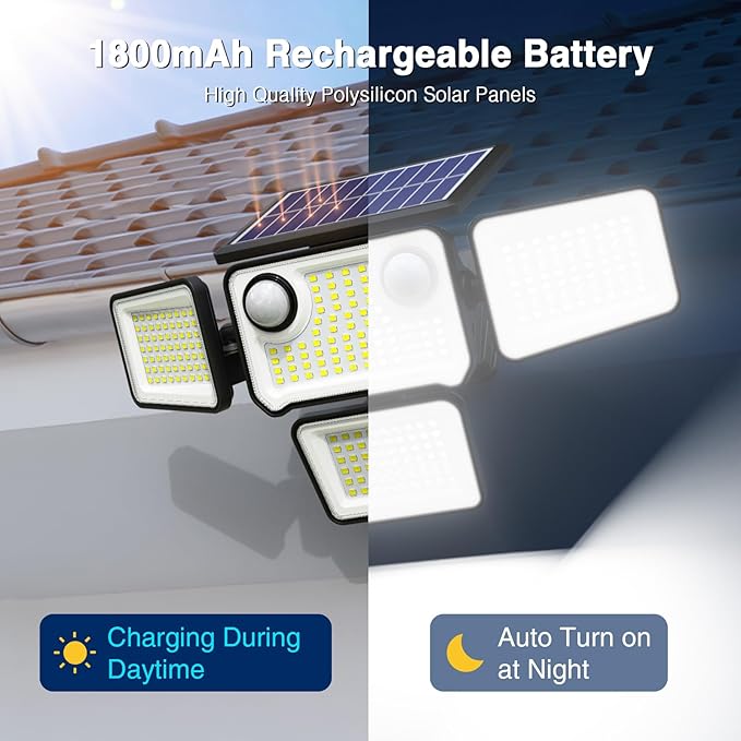 4500LM Solar Lights Outdoor Waterproof, 254 LED Solar Flood Lights Outdoor with 2 Motion Sensor, 4 Heads Security Light with Remote Control for Yard Outside House Garage 2 Pack