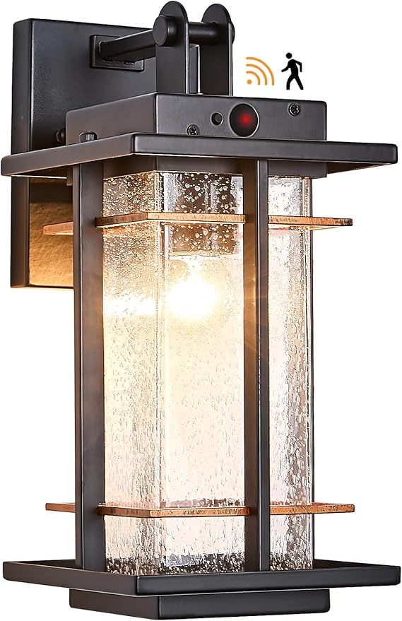 Motion Sensor Outdoor Wall Light Fixture Dusk to Dawn Exterior Wall Sconces Rustic Outdoor Wall Lamp with Seeded Glass Outside Coach Light for House Patio Garage Porch Wall Lights IP65
