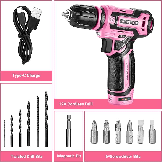 Cordless Drill：DEKOPRO 12V Power Drill Set with Pink 800RPM Electric Drills with Tool Set Gift Box, Pink Drill Set for Women