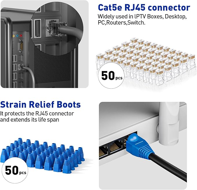 RJ45 Crimp Tool Ethernet Crimper Tool Kit Cat 6 Cat 5E Cat 5 Crimping Tool with Network Cable Tester, Wire Cutter Pliers, Mini Cable Stripper, 50 Pcs Cat 5E Connector and Strain Relief Boots