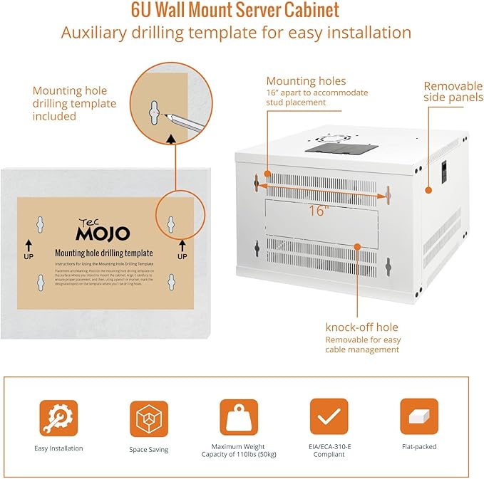 Tecmojo 6U Wall Mount Rack Network Cabinet for 19" IT Equipment,with Lockable Glass Door and Side Panels,Cooling Fan,17.7inch Depth,White
