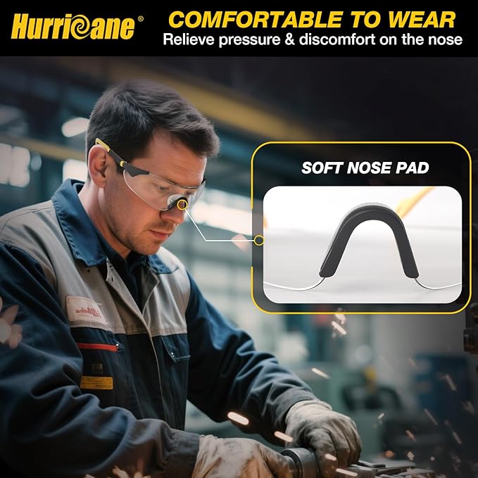 HURRICANE UV400 Safety Glasses, Clear Lens, Lightweight Protective Goggles with Anti-Fog & Anti-Scratch Coating, Adjustable Nylon Frame & Flexible Temples for Work, Lab, Construction, Workshop & More