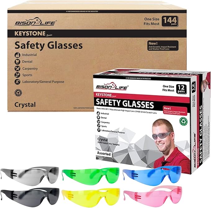 BISON LIFE Keystone Color Lens Safety Glasses | Anti Scratch | Impact Resistance | ANSI Z87.1 Standard | UV 400 Protection