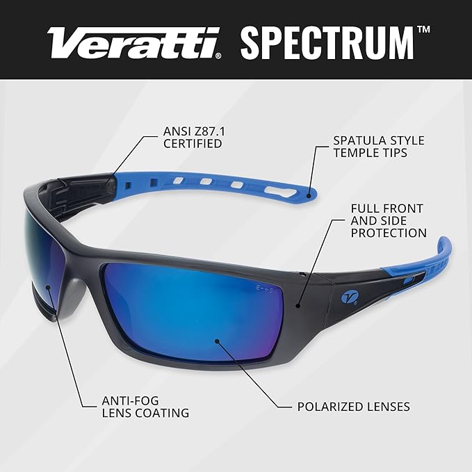 Veratti Spectrum Safety Glasses, Polarized Blue Mirror Lens, ANSI Z87.1 Certified, Anti-Fog, Black/Blue Frame