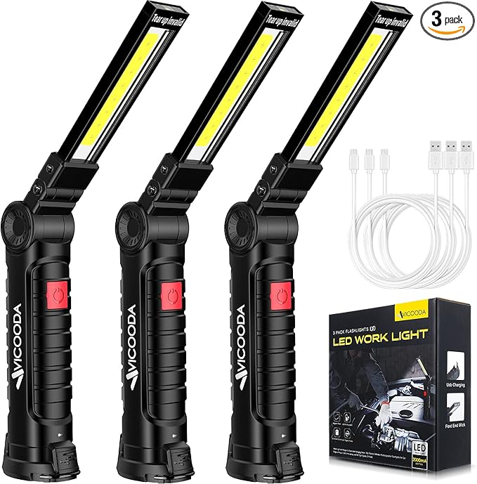 3 Pack Rechargeable LED Work Light - Magnetic Base, Hanging Hook, 360° Rotation 5 Modes for Car Repair, Emergency, Tight Areas (3 Pack)