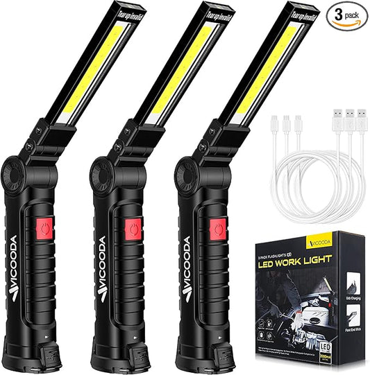 3 Pack Rechargeable LED Work Light - Magnetic Base, Hanging Hook, 360° Rotation 5 Modes for Car Repair, Emergency, Tight Areas (3 Pack)