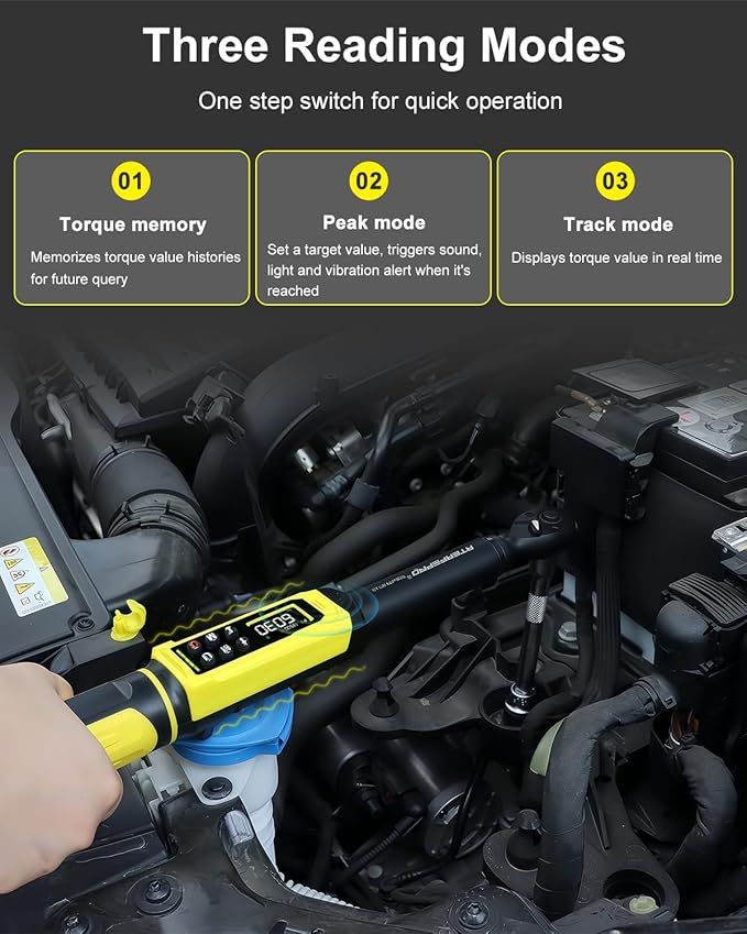 Digital Torque Wrench 3/8" Drive, 1.5-99.5 FT.Lb - 5 Units with Color Screen, Vibration/Buzzer/LED, 5" Extension & 3/8 to 1/2 Adapter, 3/8 Torque Wrench ±2% Accuracy for Car, Motorcycle, Bike Repair