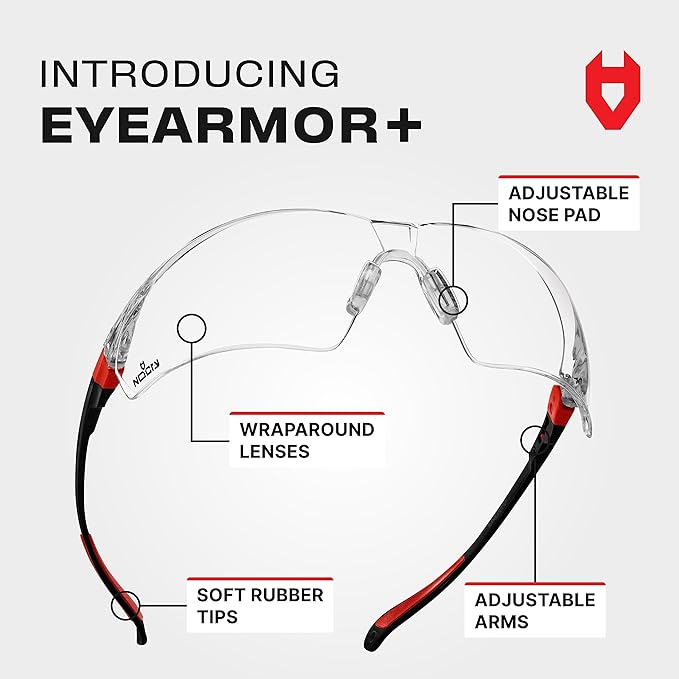 NoCry Safety Glasses with Clear Anti Fog Scratch Resistant Wrap-Around Lenses and No-Slip Grips, UV Protection. Adjustable, Black & Red Frames (10 pack)