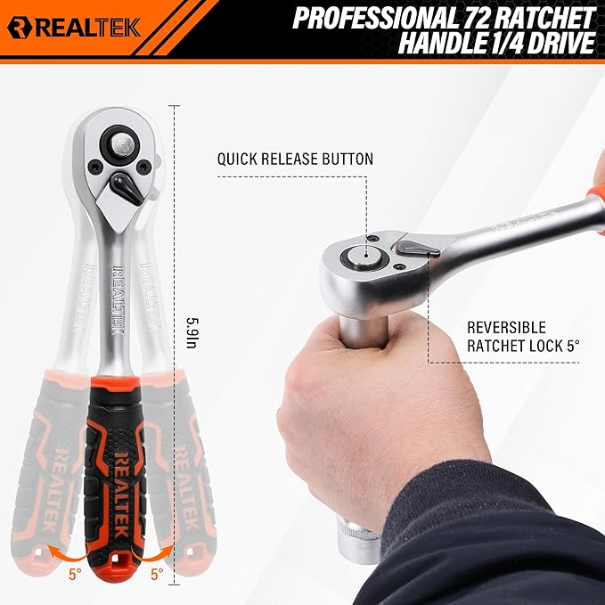 REALTEK 66 Pieces 1/4 inch Drive Socket Set, Ratchet Set with 72 Tooth Reversible Ratchet & Bit Socket Set, Professional Tool Set for Auto Repairing and Household