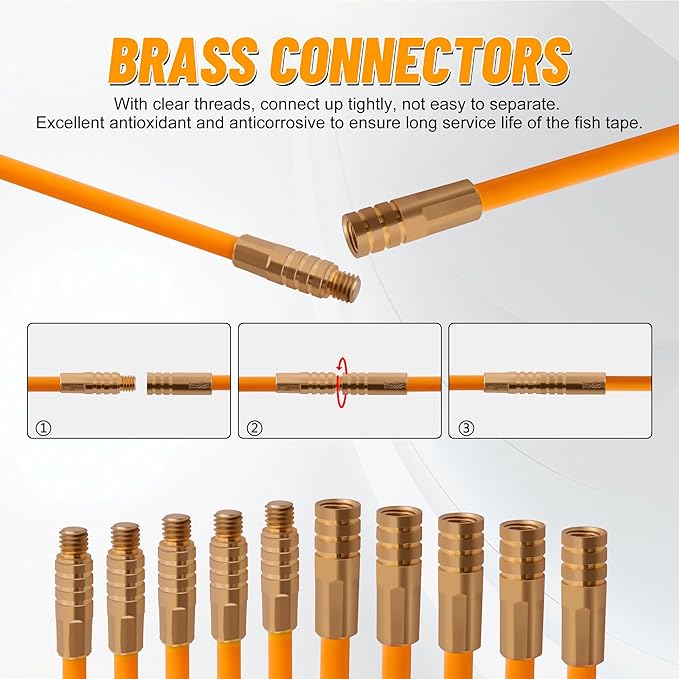 KOOTANS 33FT Fiberglass Running Electrical Wire Cable Glow Rods Wire Pulling Tools Fish Tape Wire Puller Through Wall Cable Snake Fish Rods Kit with Different Attachments