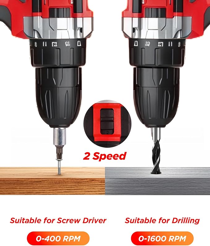 Drill, 21V Cordless Drill with Dual 2.0Ah Power Pack and Charger, Electric Power Drills Set, 3/8 Inch Chuck, 25+1 Torque, 2 Speed 29 Accessories Tool for DIY, Gifts