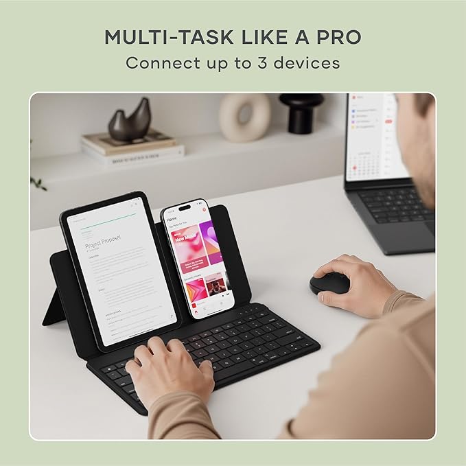 Satechi OntheGo Bluetooth Keyboard with Adjustable Stand, Connect up 3 Devices, USB C Rechargeable Battery, Compact and Portable Keyboard for iPad, Tablet – Black