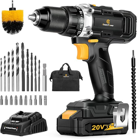 C P CHANTPOWER Cordless Drill 20V MAX Lithium-ion Drill Driver Set with Fast Charger, 1/2” (13 mm) Matal Chuck, 23+1 Clutch, Dual Speed for Drilling Wood, Metal, Canvas Bag, Flexible Shafts Included