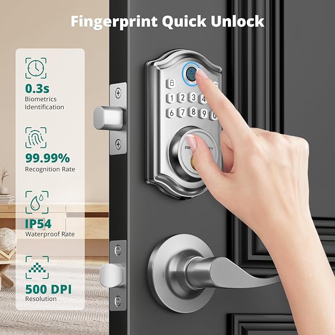 DS10 Keyless Entry Door Lock with 2 Lever Handle, Fingerprint, Keypad Code, 2 Keys, Smart Locks for Front Door, Bedroom, One-time Code, Auto-Lock, Easy Installation
