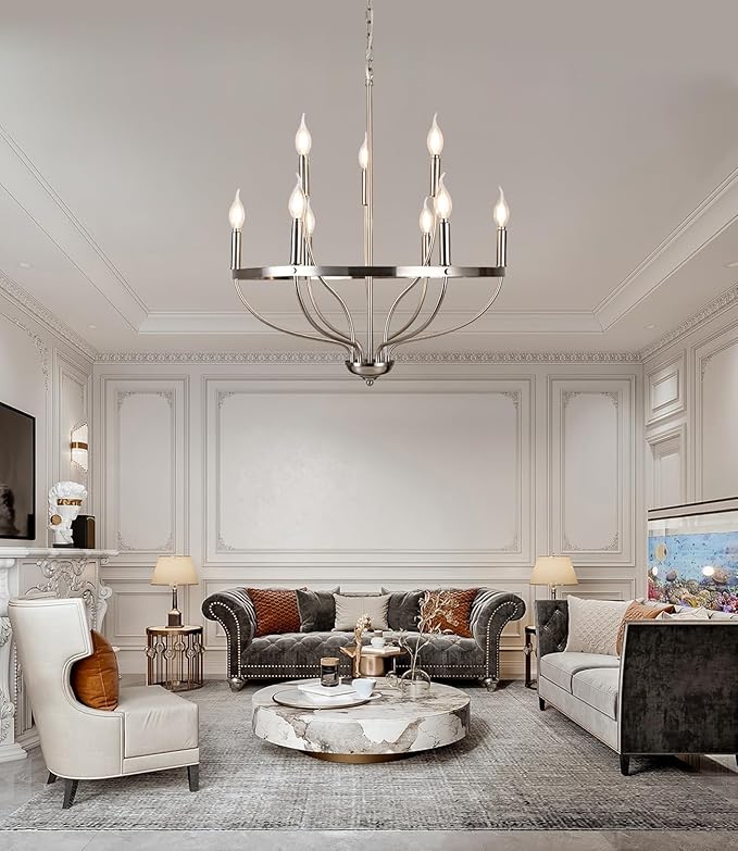 Modern Brushed Nickel Chandeliers Farmhouse Candle 9-Lights Dining Room Light Fixture Industrial Ceiling Hang Light Fixture for Kitchen Living Room Entryway
