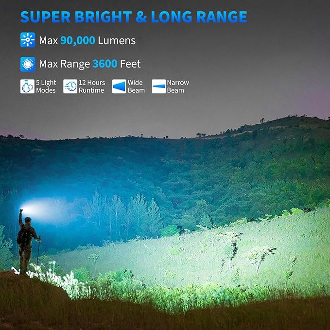 Rechargeable Flashlights High Lumens, 90000 Lumen Super Bright Led Flashlight with 5 Modes & 12H Long Runtime, Powerful Handheld Flash Light for Home Camping, IPX6 Waterproof 2Pack Flashlights