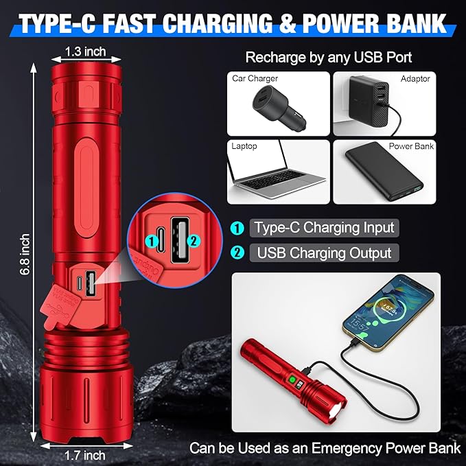 Flashlights High Lumens Rechargeable, Super Bright LED Powerful Flashlight, Type-C, 5 Modes, Zoomable, IPX5 Waterproof High Powered Tactical Flash Light for Emergency Camping,Red