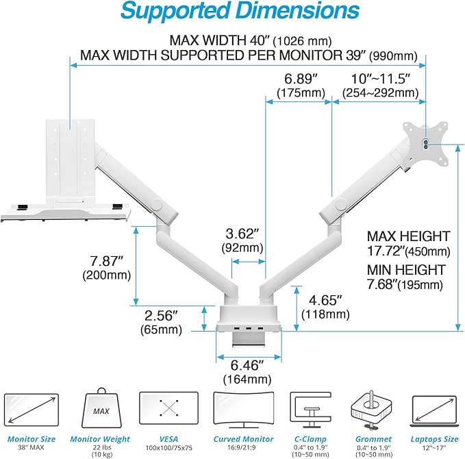 AVLT Dual 17”-38" Monitor Arm Desk Mount with 17" Laptop Tray and USB-C Docking Station, HDMI 4K60Hz, USB-A 5Gbps, Ethernet, 100W PD, Fits Two Flat/Curved Monitor - White