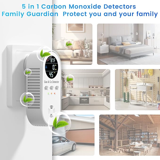 5 in 1 Carbon Monoxide Detectors Plug in with Temperature Humidity Sensor Built in Battery Backup,Natural Gas Leak Detector with Clear LED Display Sound & Light Warning for Home/Hotel,1-Pcs, White.